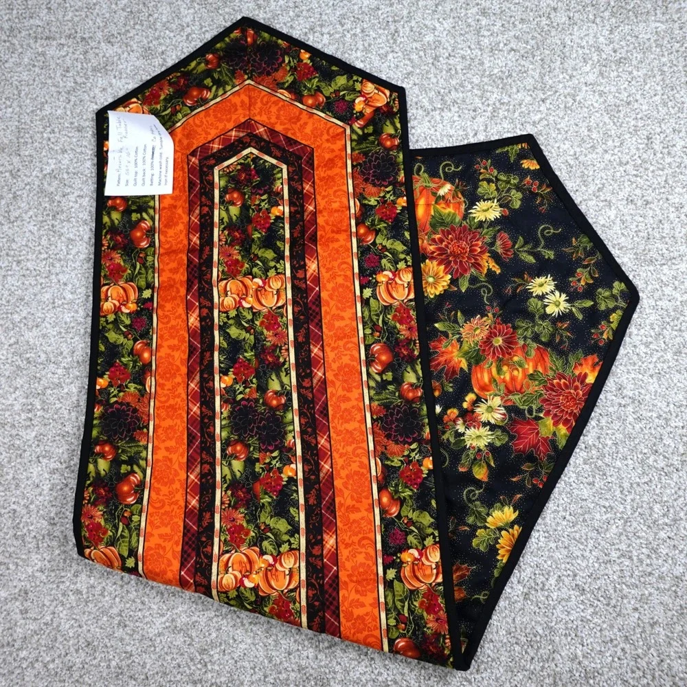 Handmade Reversible Fall Table Runner Quilted Pumpkin Floral 55x16 Orange Black